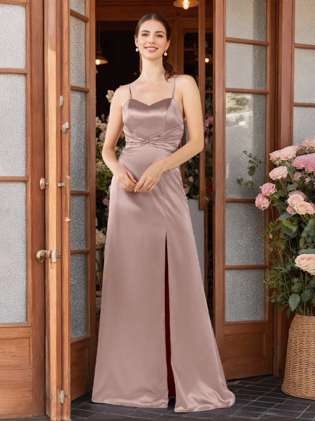 A Line/Princess Spaghetti Straps Sleeveless Floor-Length Bridesmaid Dresses with Split Side & Ruffles