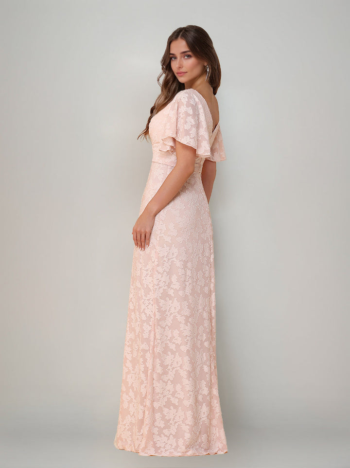 A-Line/Princess V-Neck Short Sleeves Floor-Length Bridesmaid Dresses with Split Side & Ruched