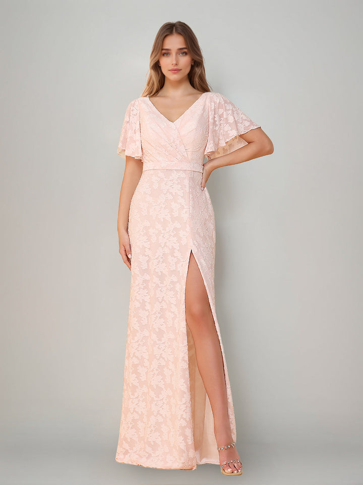 A-Line/Princess V-Neck Short Sleeves Floor-Length Bridesmaid Dresses with Split Side & Ruched