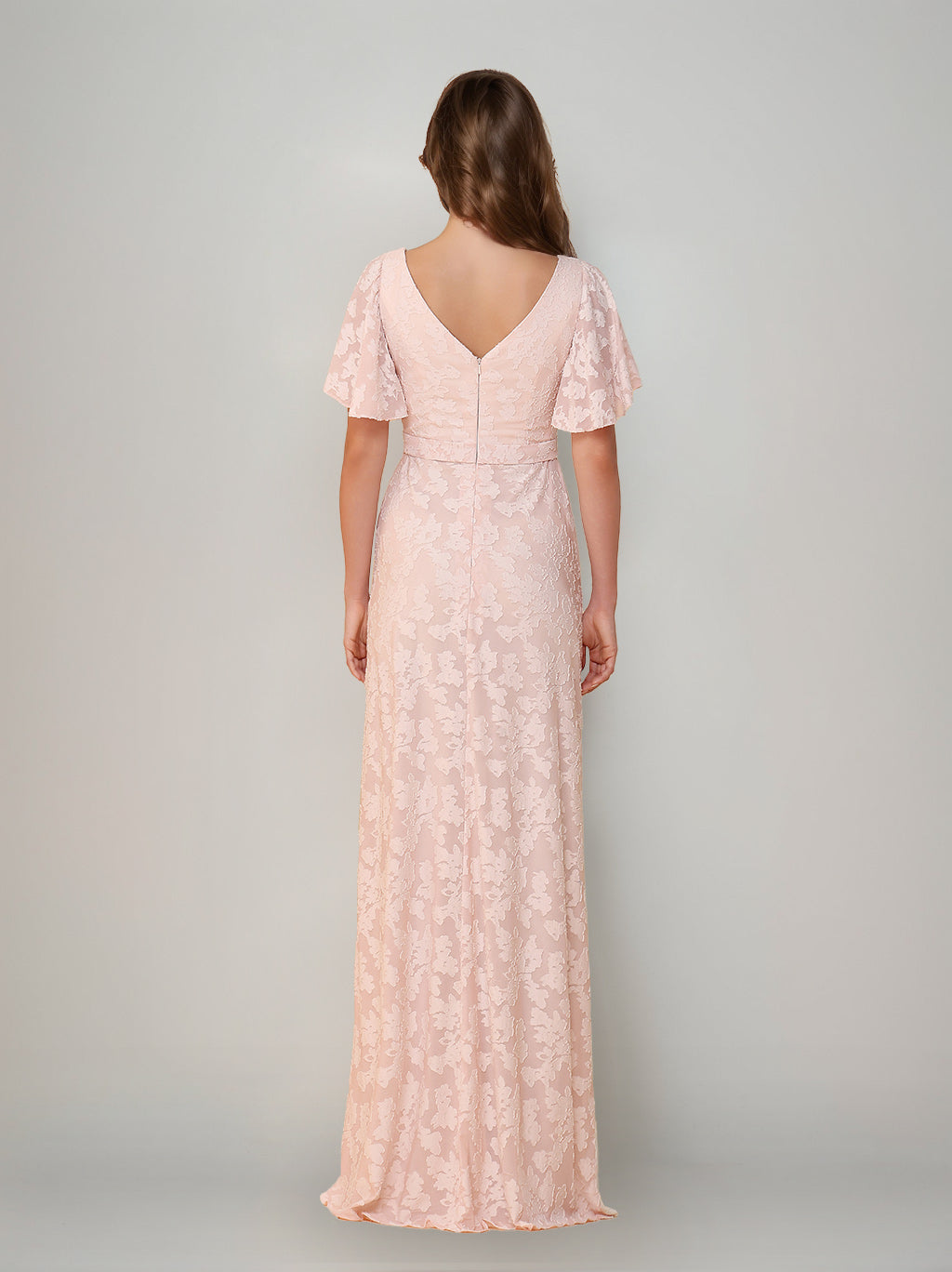 A-Line/Princess V-Neck Short Sleeves Floor-Length Bridesmaid Dresses with Split Side & Ruched