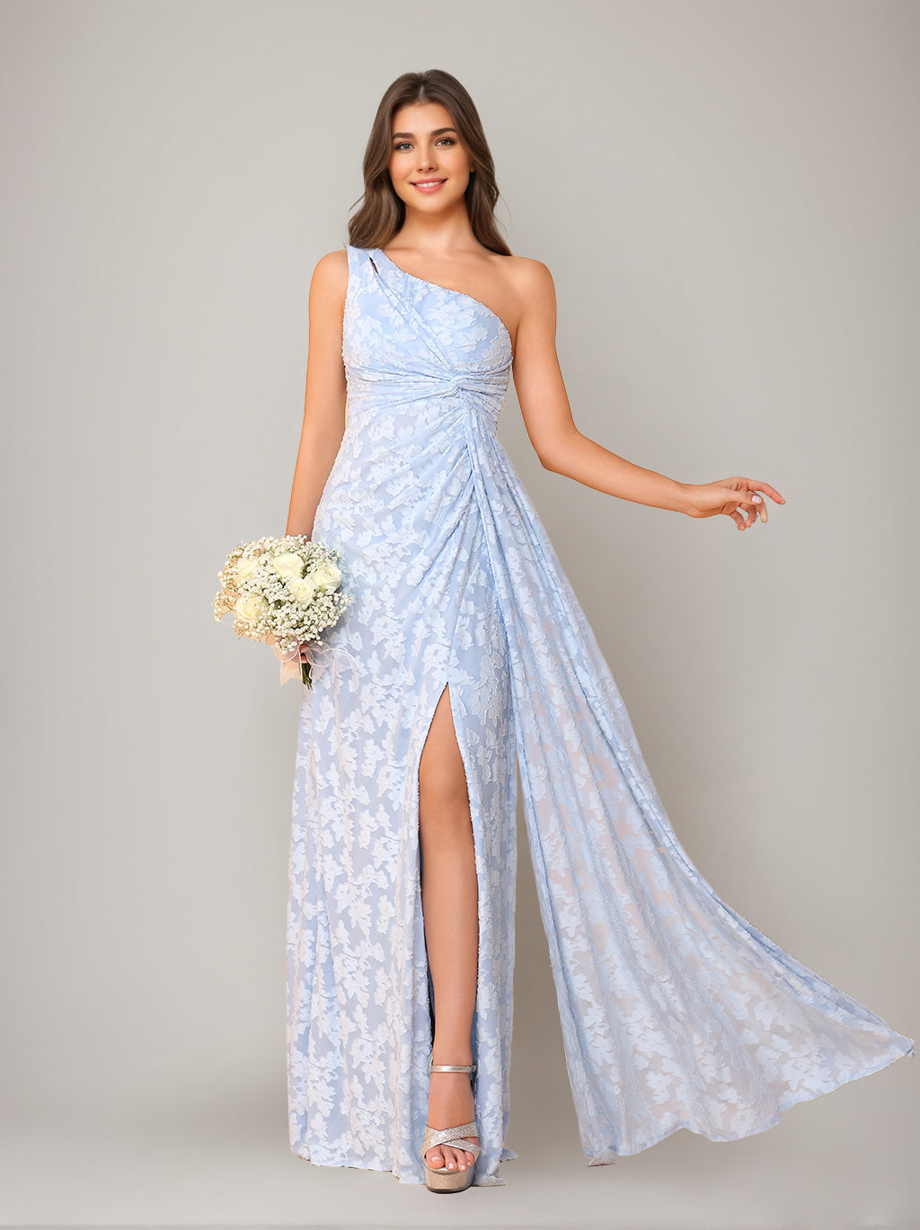 Sheath/Column One-Shoulder Sleeveless Floor-Length Bridesmaid Dresses with Split Side & Sash