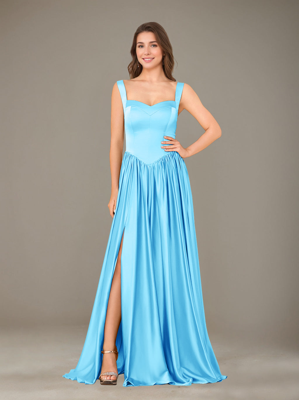 A-Line/Princess Sweetheart Sleeveless Floor-Length Silk Satin Bridesmaid Dresses with Pleated & Split Side