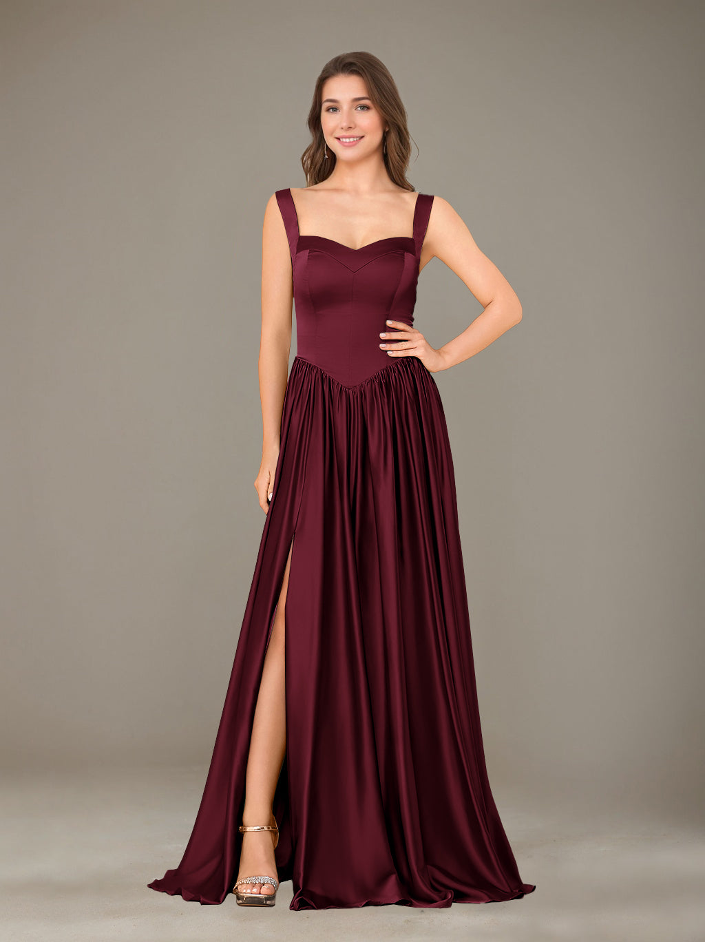 A-Line/Princess Sweetheart Sleeveless Floor-Length Silk Satin Bridesmaid Dresses with Pleated & Split Side