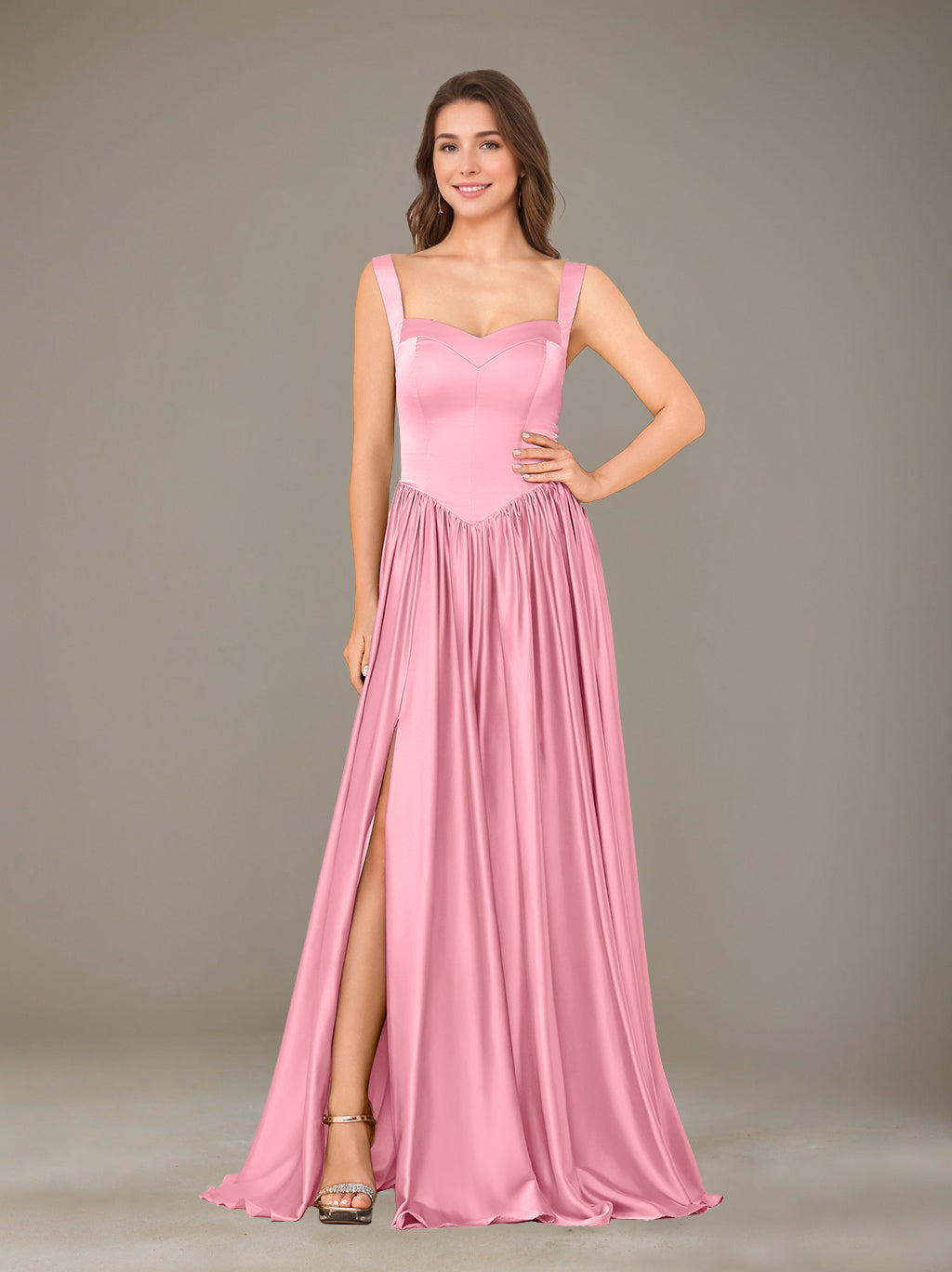 A-Line/Princess Sweetheart Sleeveless Floor-Length Silk Satin Bridesmaid Dresses with Pleated & Split Side