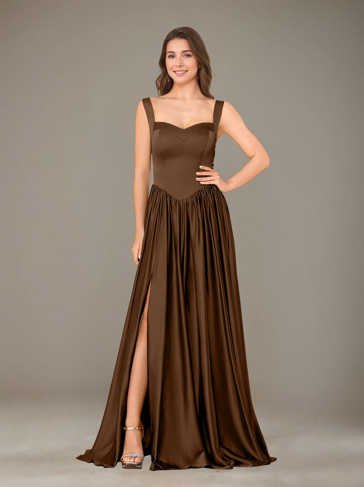 A-Line/Princess Sweetheart Sleeveless Floor-Length Silk Satin Bridesmaid Dresses with Pleated & Split Side