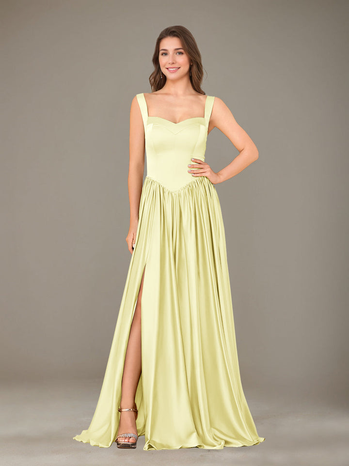 A-Line/Princess Sweetheart Sleeveless Floor-Length Silk Satin Bridesmaid Dresses with Pleated & Split Side