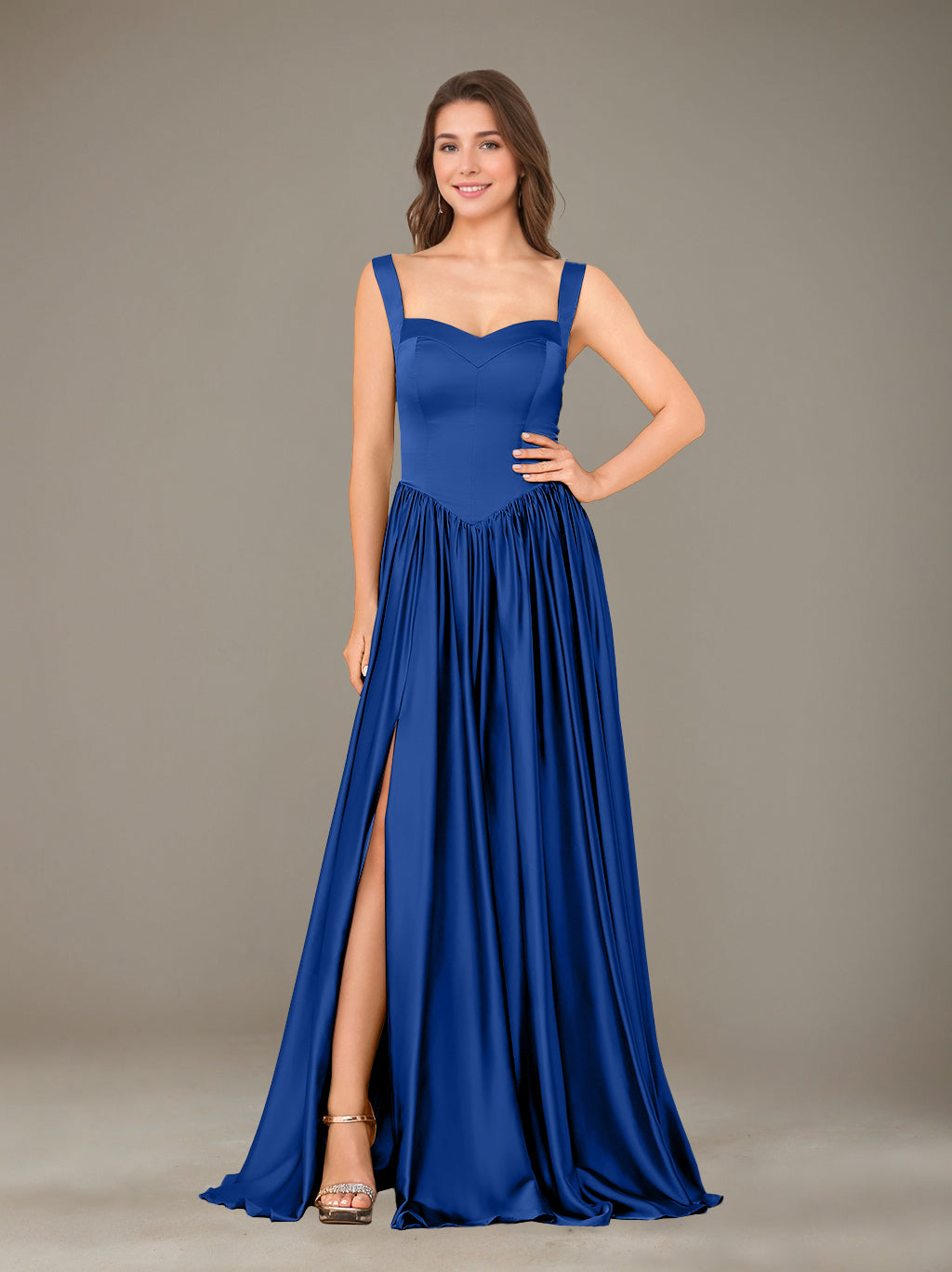 A-Line/Princess Sweetheart Sleeveless Floor-Length Silk Satin Bridesmaid Dresses with Pleated & Split Side