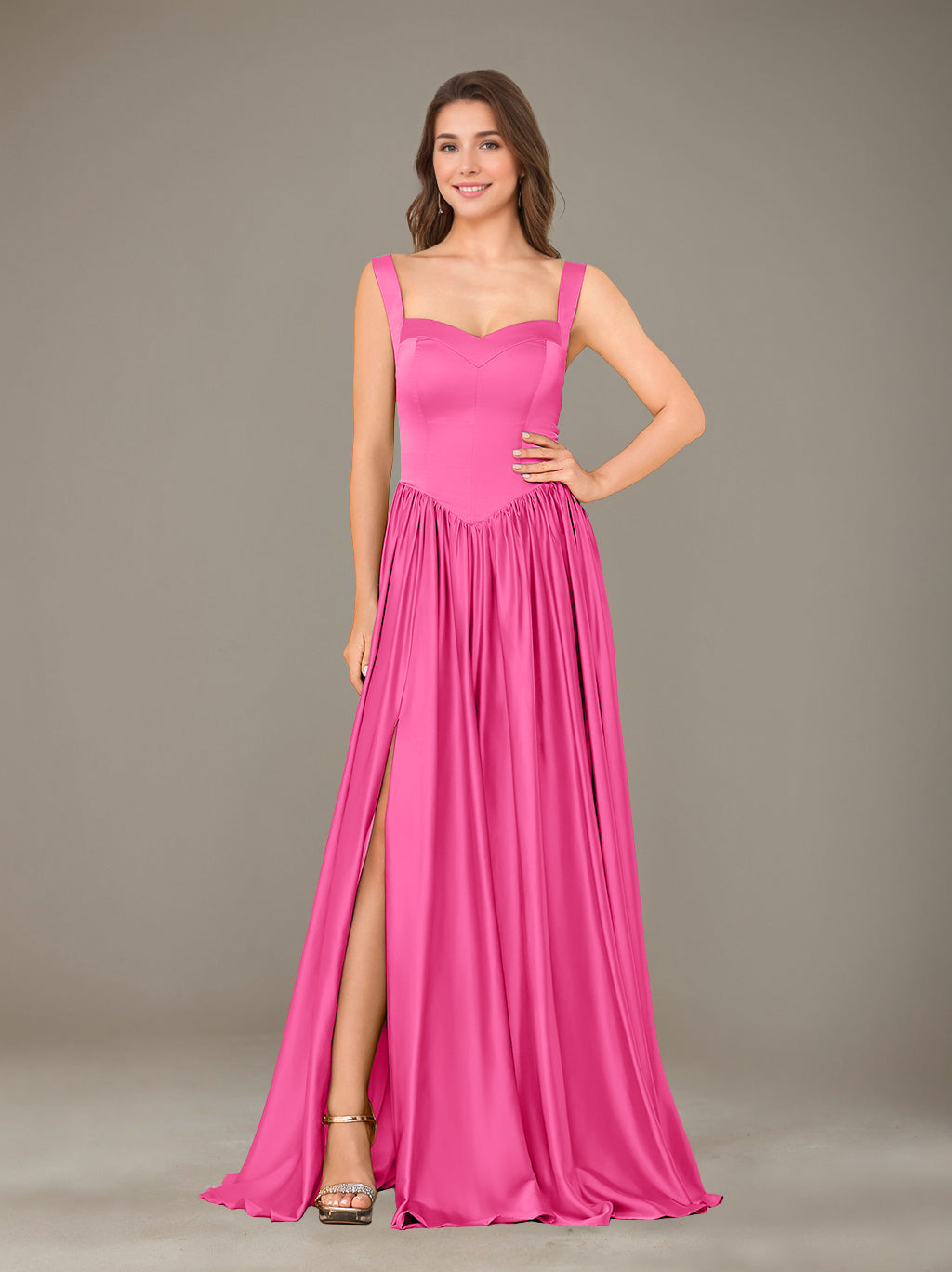 A-Line/Princess Sweetheart Sleeveless Floor-Length Silk Satin Bridesmaid Dresses with Pleated & Split Side