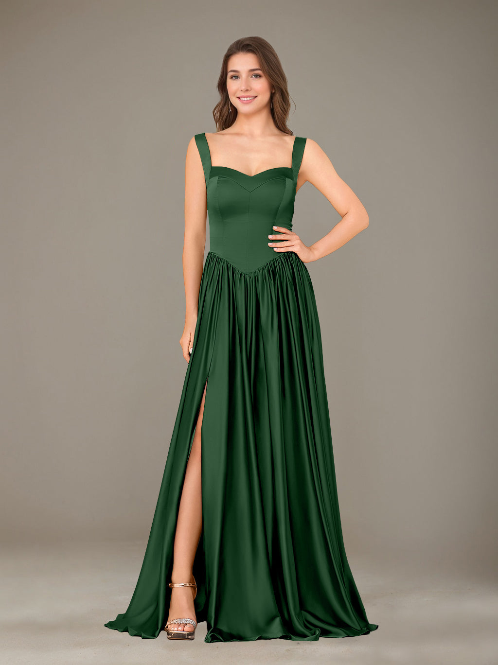 A-Line/Princess Sweetheart Sleeveless Floor-Length Silk Satin Bridesmaid Dresses with Pleated & Split Side