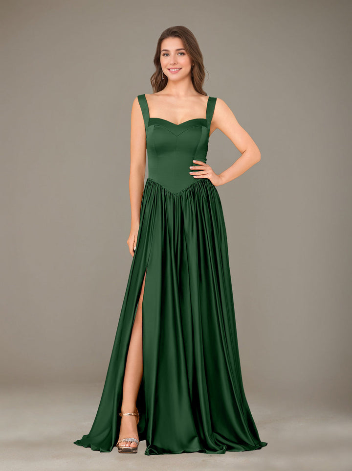 A-Line/Princess Sweetheart Sleeveless Floor-Length Silk Satin Bridesmaid Dresses with Pleated & Split Side