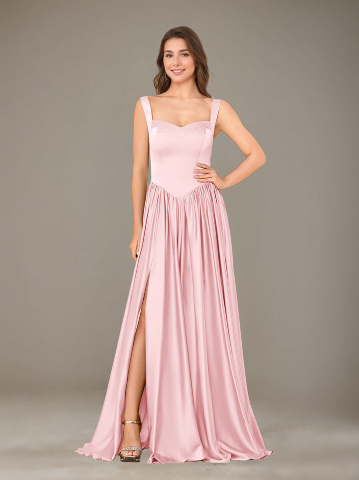 A-Line/Princess Sweetheart Sleeveless Floor-Length Silk Satin Bridesmaid Dresses with Pleated & Split Side