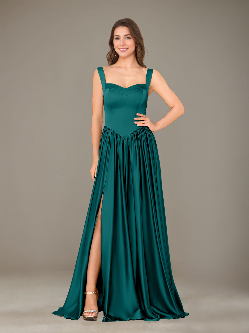 A-Line/Princess Sweetheart Sleeveless Floor-Length Silk Satin Bridesmaid Dresses with Pleated & Split Side