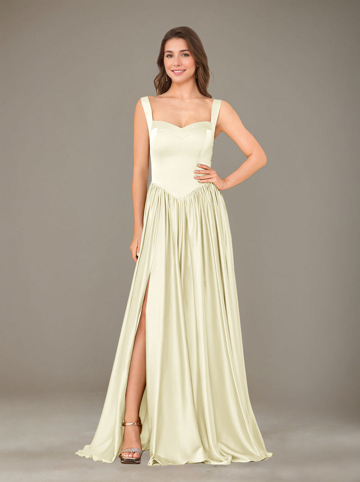 A-Line/Princess Sweetheart Sleeveless Floor-Length Silk Satin Bridesmaid Dresses with Pleated & Split Side