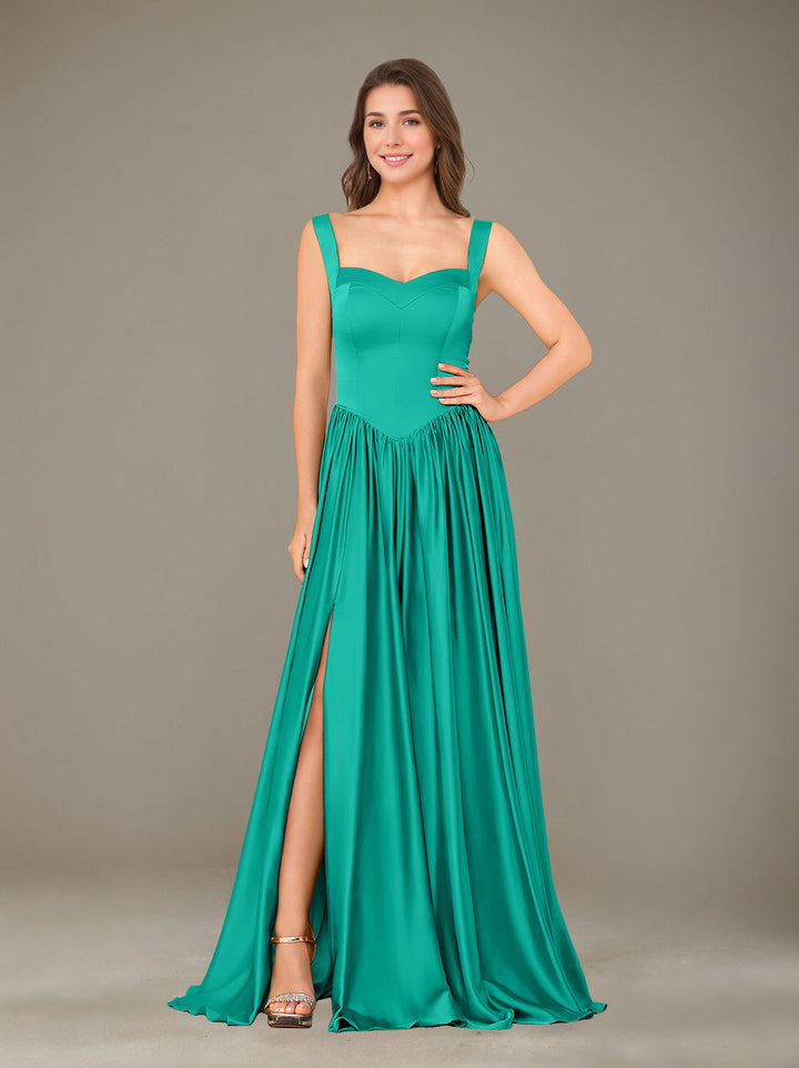 A-Line/Princess Sweetheart Sleeveless Floor-Length Silk Satin Bridesmaid Dresses with Pleated & Split Side