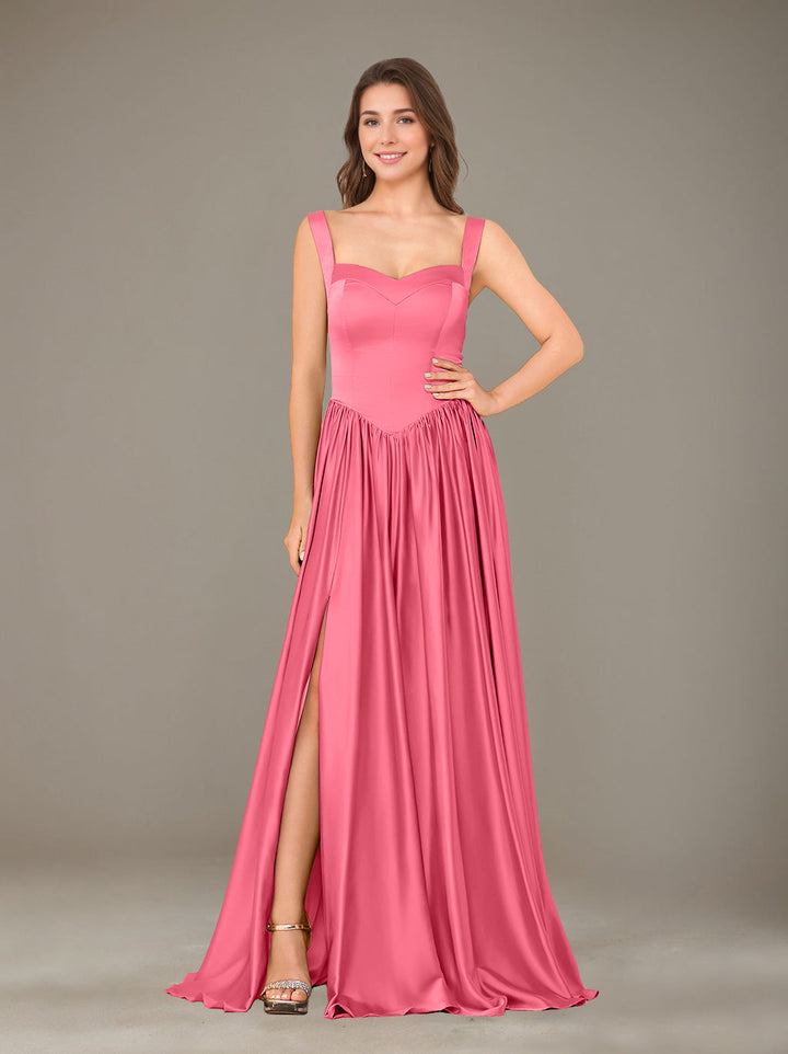 A-Line/Princess Sweetheart Sleeveless Floor-Length Silk Satin Bridesmaid Dresses with Pleated & Split Side