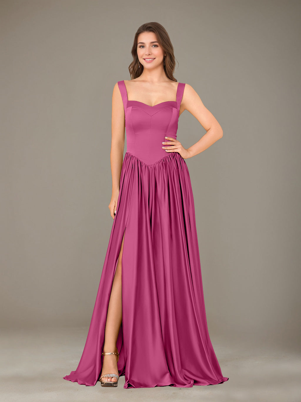 A-Line/Princess Sweetheart Sleeveless Floor-Length Silk Satin Bridesmaid Dresses with Pleated & Split Side