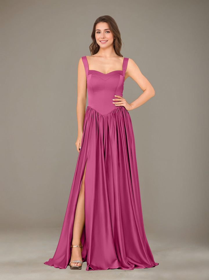 A-Line/Princess Sweetheart Sleeveless Floor-Length Silk Satin Bridesmaid Dresses with Pleated & Split Side