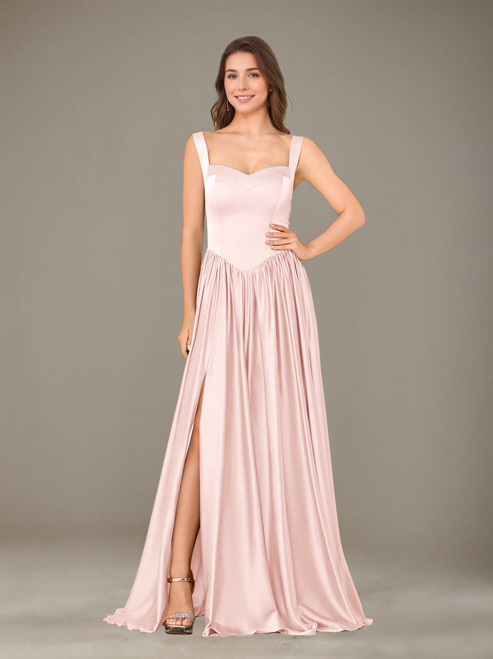 A-Line/Princess Sweetheart Sleeveless Floor-Length Silk Satin Bridesmaid Dresses with Pleated & Split Side