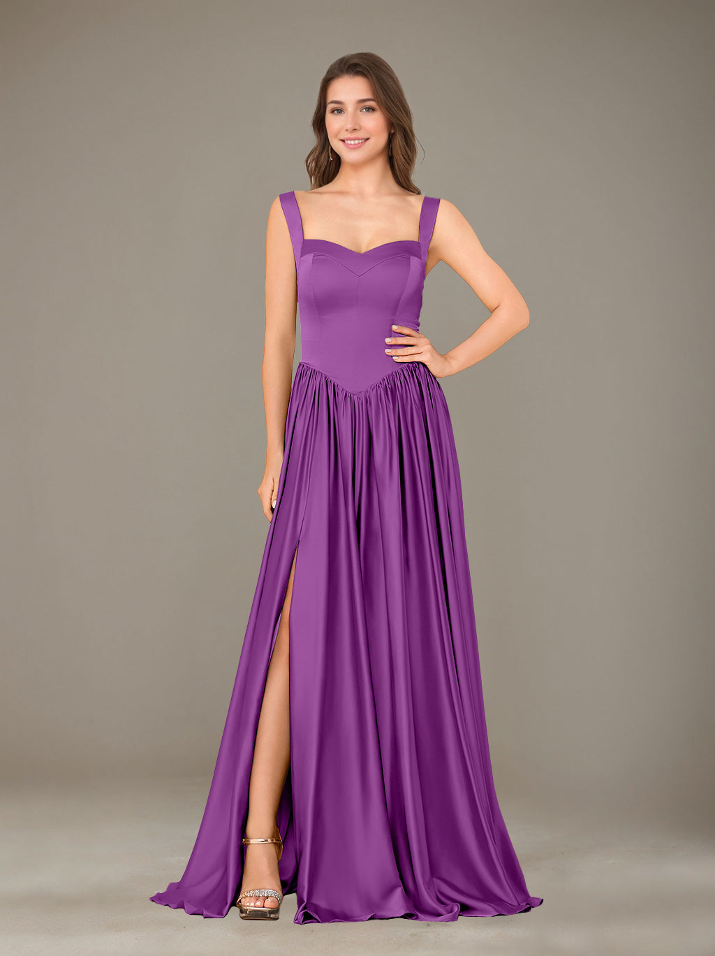 A-Line/Princess Sweetheart Sleeveless Floor-Length Silk Satin Bridesmaid Dresses with Pleated & Split Side