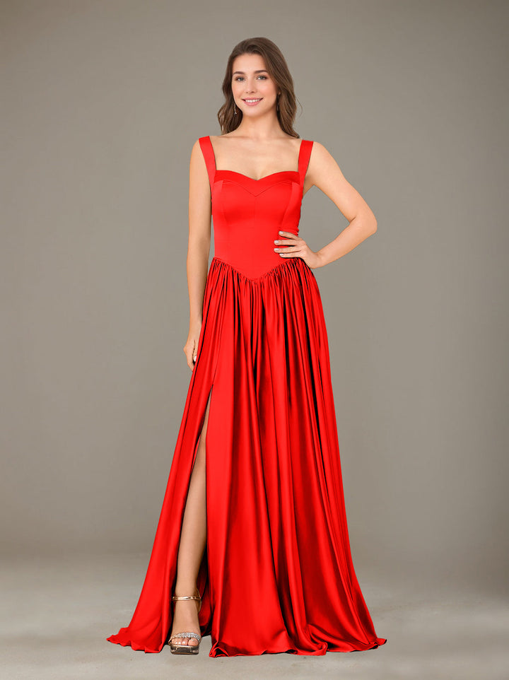 A-Line/Princess Sweetheart Sleeveless Floor-Length Silk Satin Bridesmaid Dresses with Pleated & Split Side