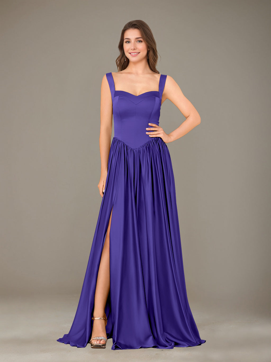 A-Line/Princess Sweetheart Sleeveless Floor-Length Silk Satin Bridesmaid Dresses with Pleated & Split Side