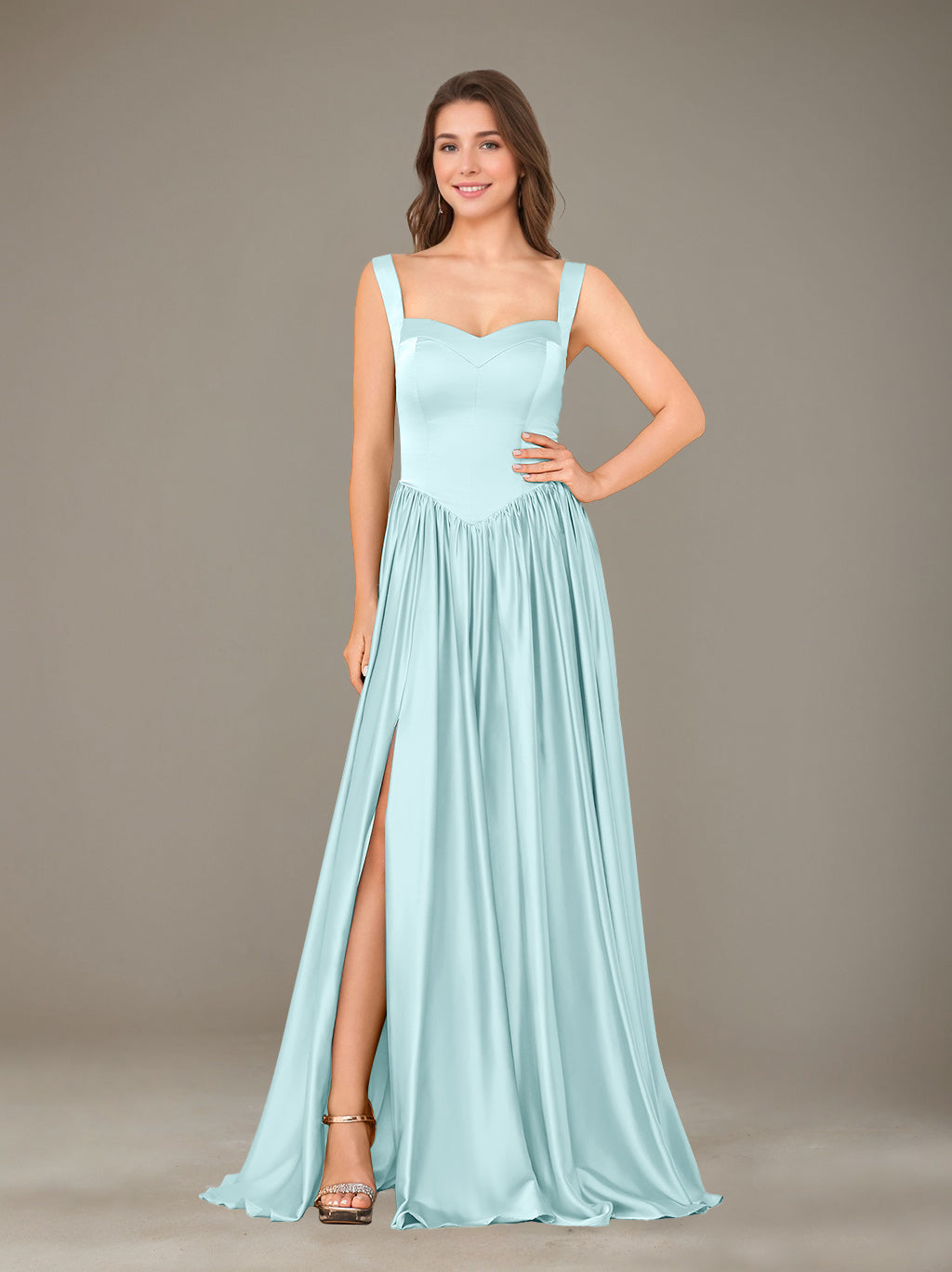 A-Line/Princess Sweetheart Sleeveless Floor-Length Silk Satin Bridesmaid Dresses with Pleated & Split Side