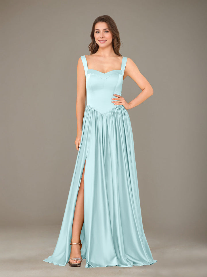 A-Line/Princess Sweetheart Sleeveless Floor-Length Silk Satin Bridesmaid Dresses with Pleated & Split Side