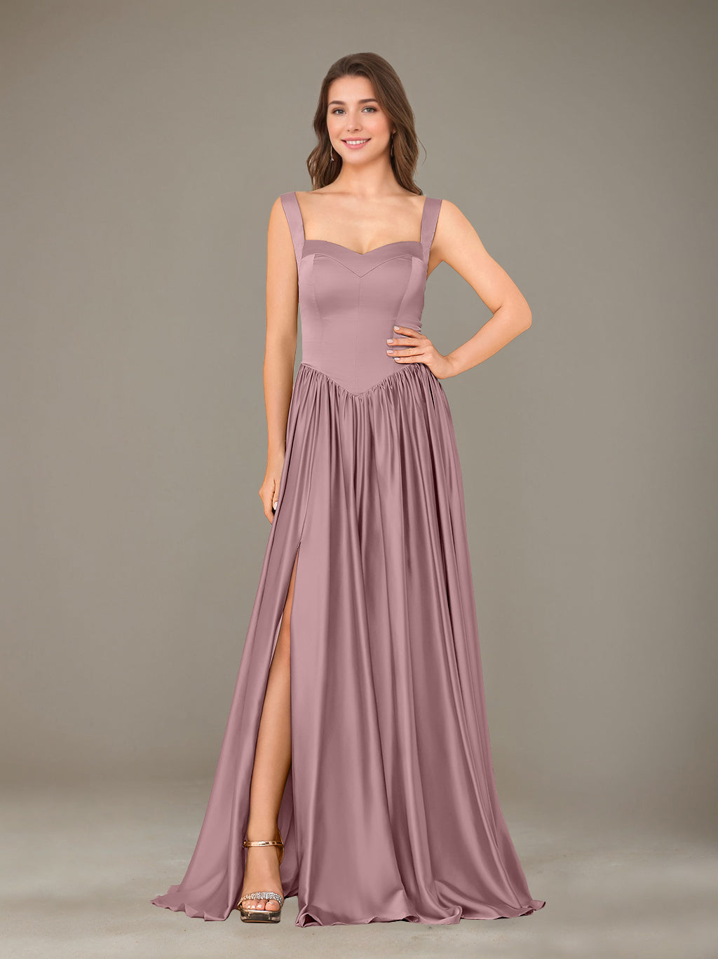 A-Line/Princess Sweetheart Sleeveless Floor-Length Silk Satin Bridesmaid Dresses with Pleated & Split Side