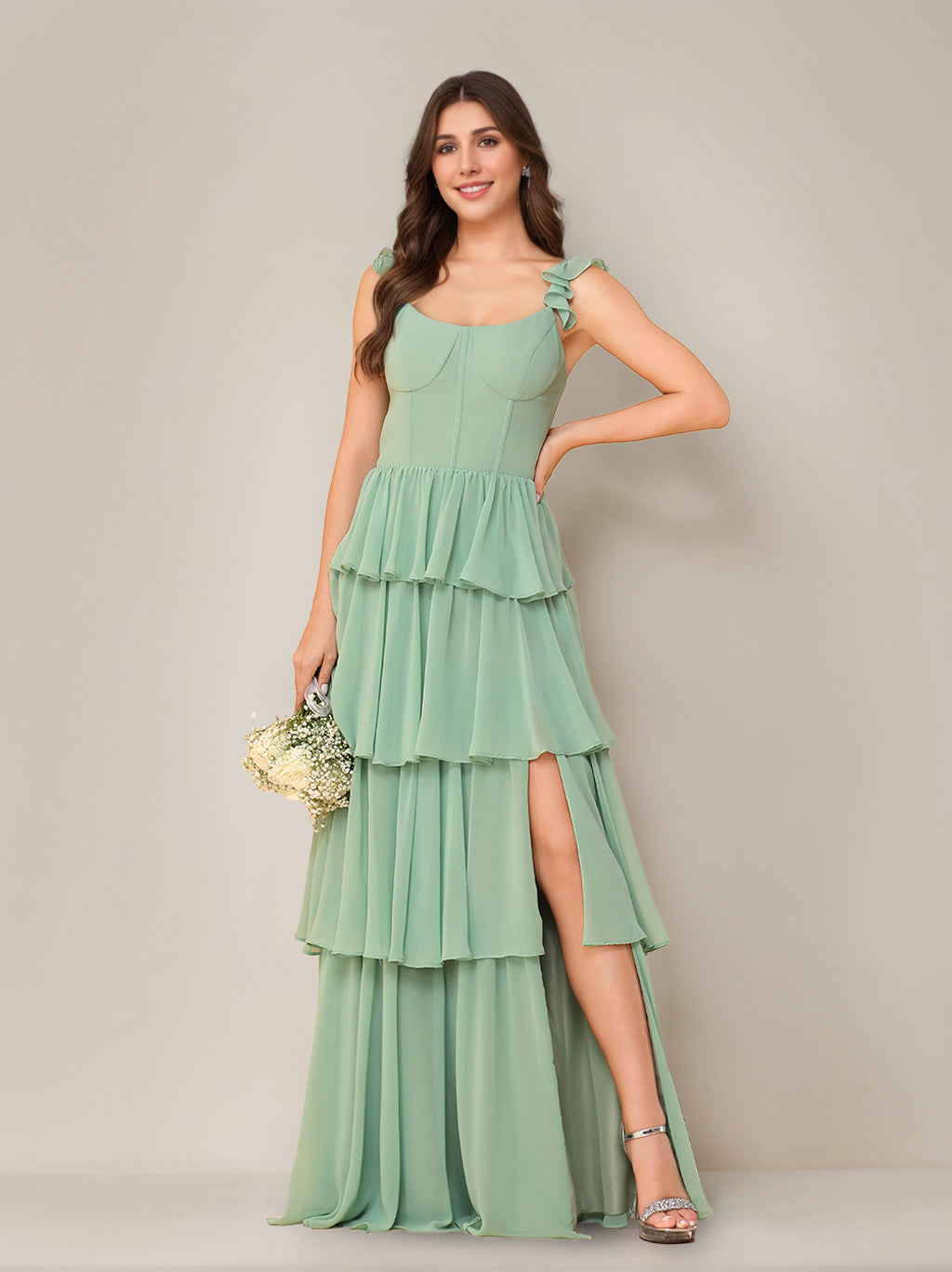 A-Line/Princess Scoop Neck Sleeveless Floor-Length Bridesmaid Dress with Ruffles & Split Side