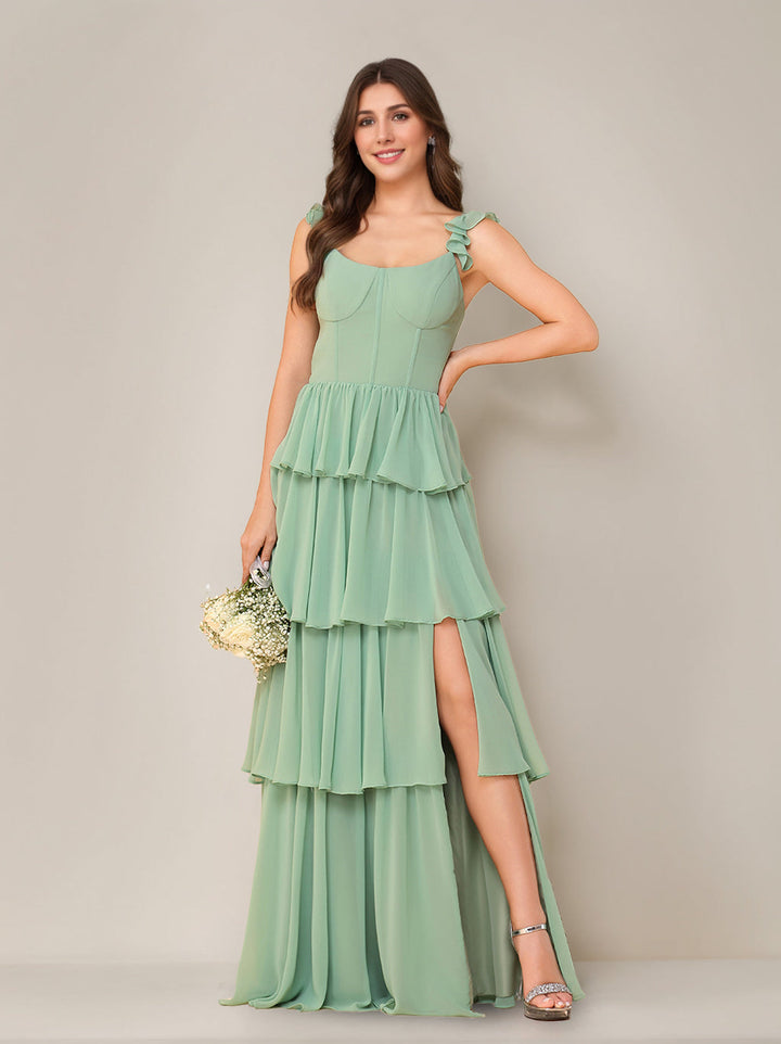 A-Line/Princess Scoop Neck Sleeveless Floor-Length Bridesmaid Dress with Ruffles & Split Side