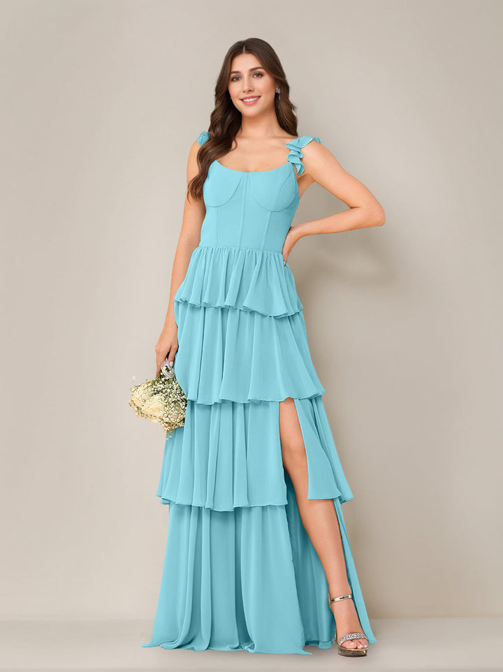 A-Line/Princess Scoop Neck Sleeveless Floor-Length Bridesmaid Dress with Ruffles & Split Side
