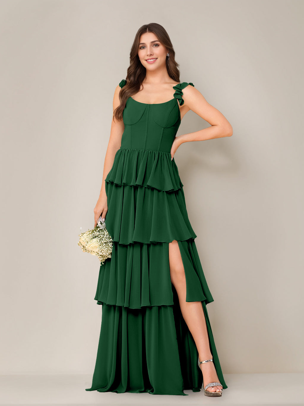 A-Line/Princess Scoop Neck Sleeveless Floor-Length Bridesmaid Dress with Ruffles & Split Side