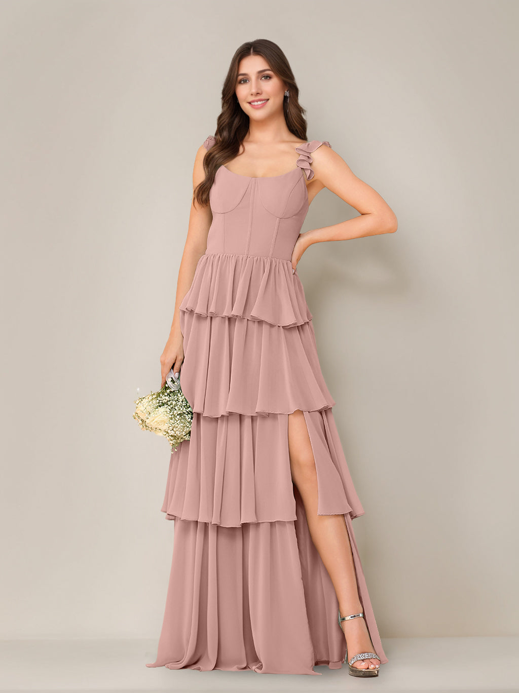 A-Line/Princess Scoop Neck Sleeveless Floor-Length Bridesmaid Dress with Ruffles & Split Side