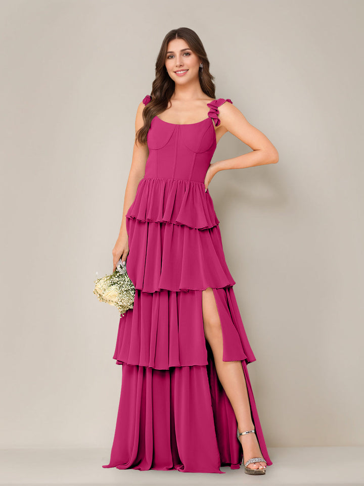 A-Line/Princess Scoop Neck Sleeveless Floor-Length Bridesmaid Dress with Ruffles & Split Side