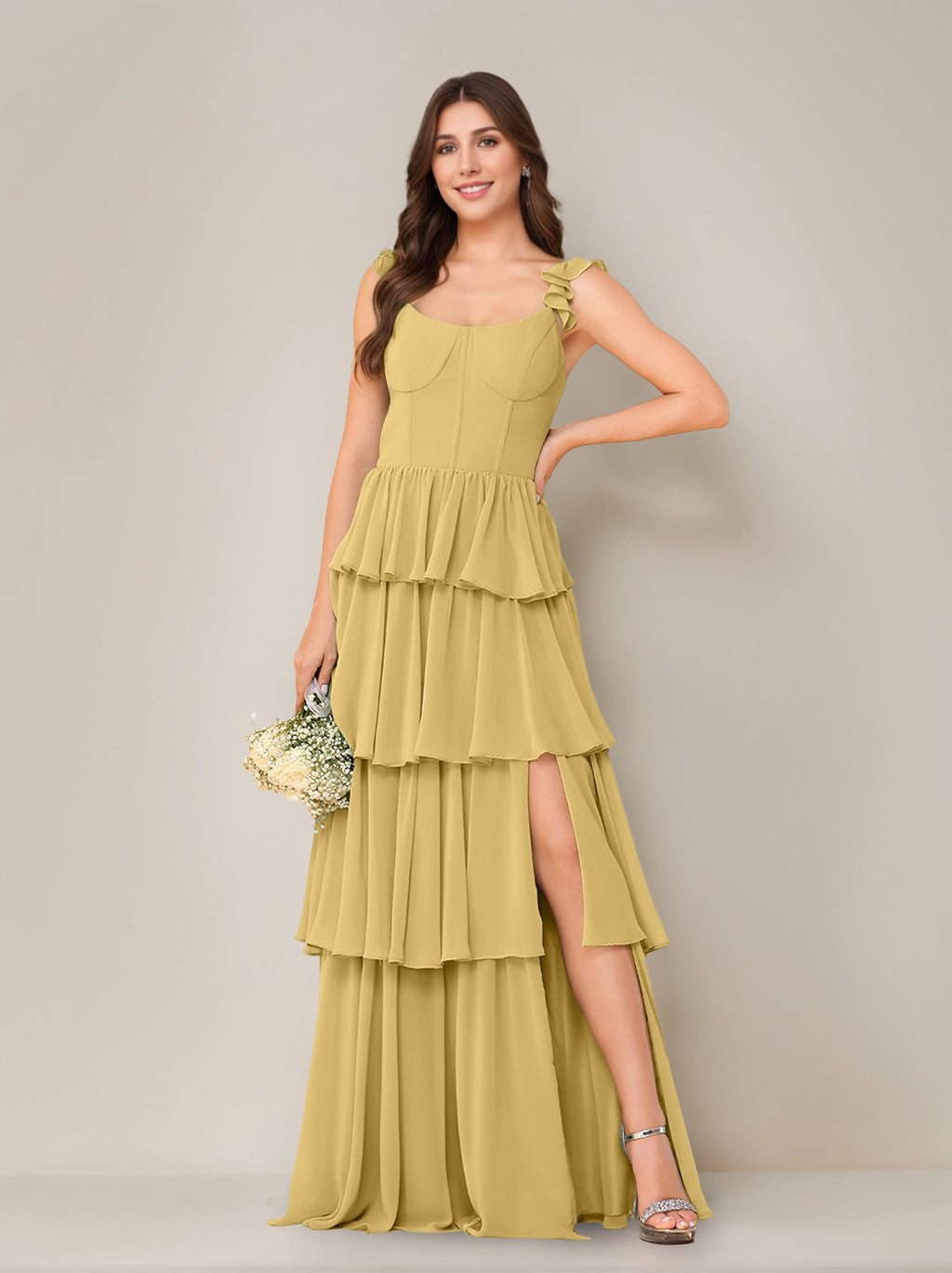 A-Line/Princess Scoop Neck Sleeveless Floor-Length Bridesmaid Dress with Ruffles & Split Side
