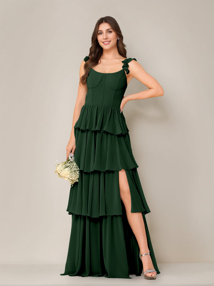 A-Line/Princess Scoop Neck Sleeveless Floor-Length Bridesmaid Dress with Ruffles & Split Side