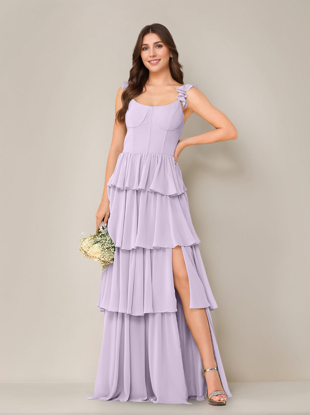 A-Line/Princess Scoop Neck Sleeveless Floor-Length Bridesmaid Dress with Ruffles & Split Side