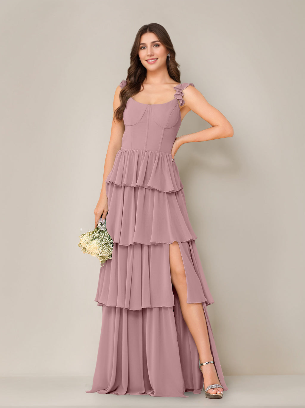 A-Line/Princess Scoop Neck Sleeveless Floor-Length Bridesmaid Dress with Ruffles & Split Side