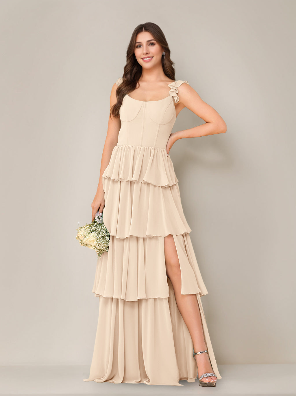 A-Line/Princess Scoop Neck Sleeveless Floor-Length Bridesmaid Dress with Ruffles & Split Side