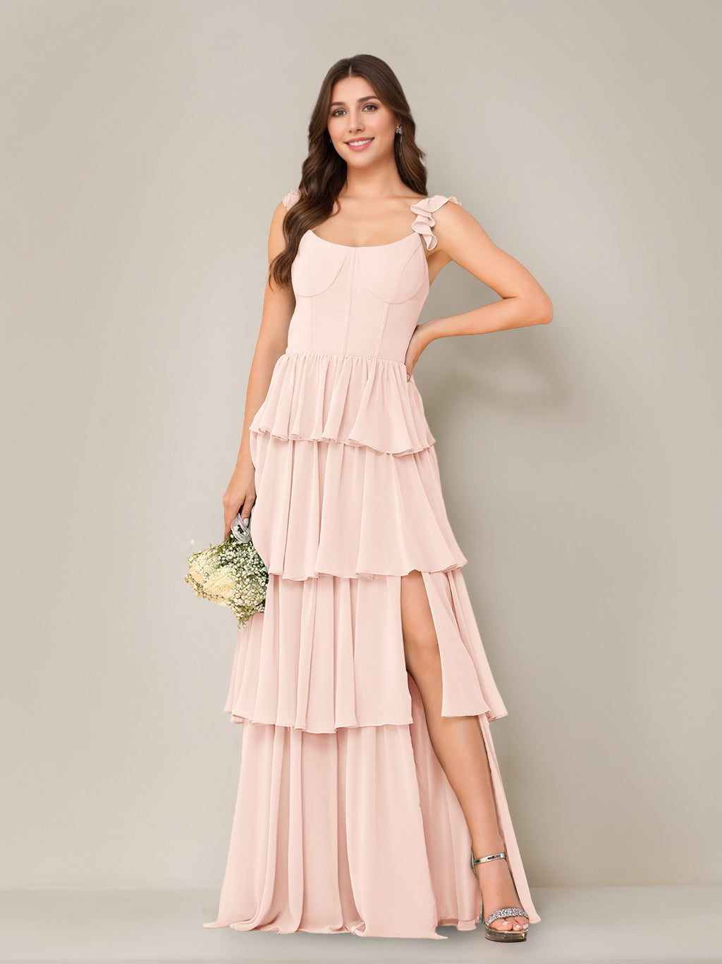A-Line/Princess Scoop Neck Sleeveless Floor-Length Bridesmaid Dress with Ruffles & Split Side