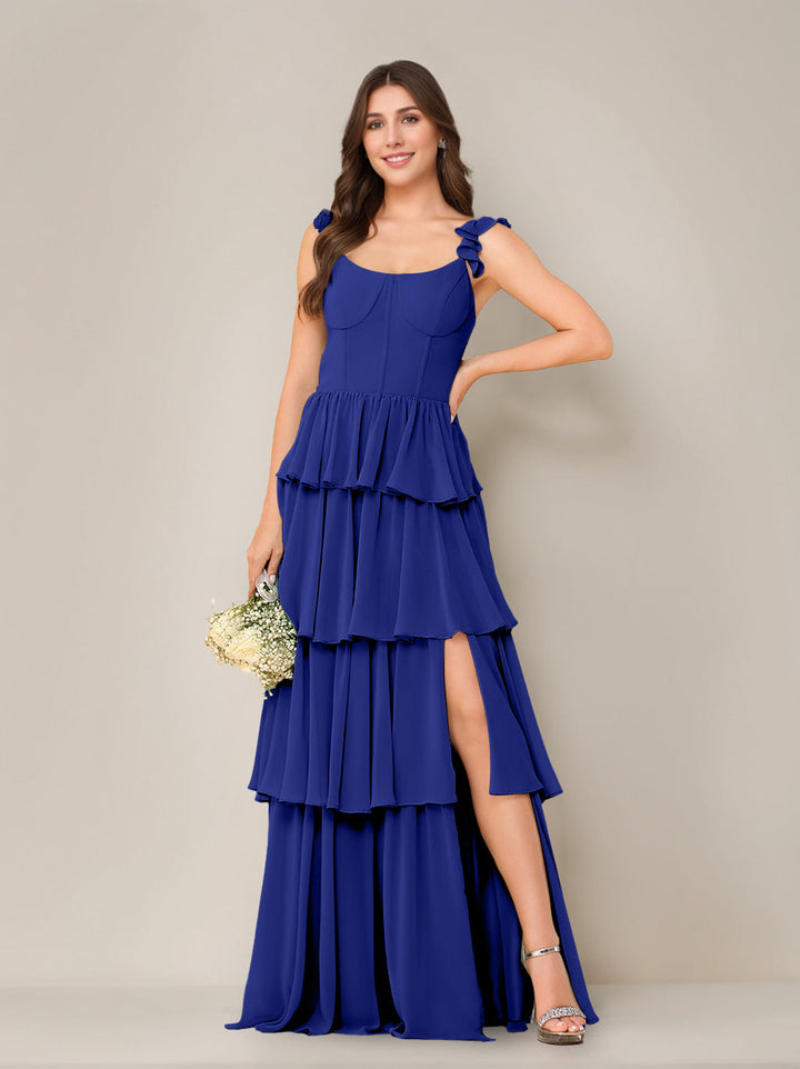A-Line/Princess Scoop Neck Sleeveless Floor-Length Bridesmaid Dress with Ruffles & Split Side