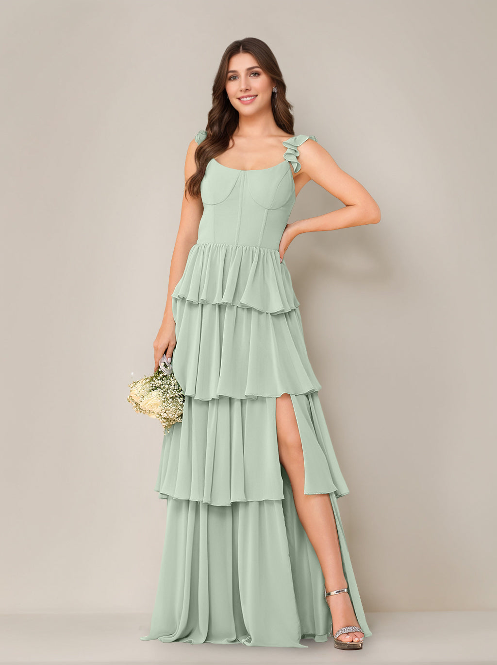 A-Line/Princess Scoop Neck Sleeveless Floor-Length Bridesmaid Dress with Ruffles & Split Side