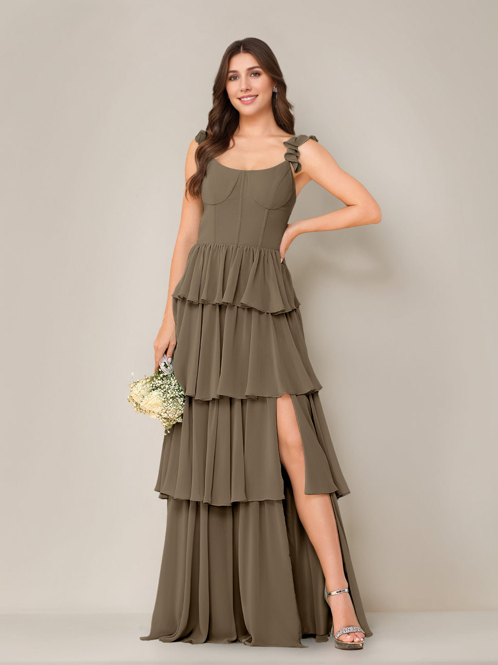 A-Line/Princess Scoop Neck Sleeveless Floor-Length Bridesmaid Dress with Ruffles & Split Side