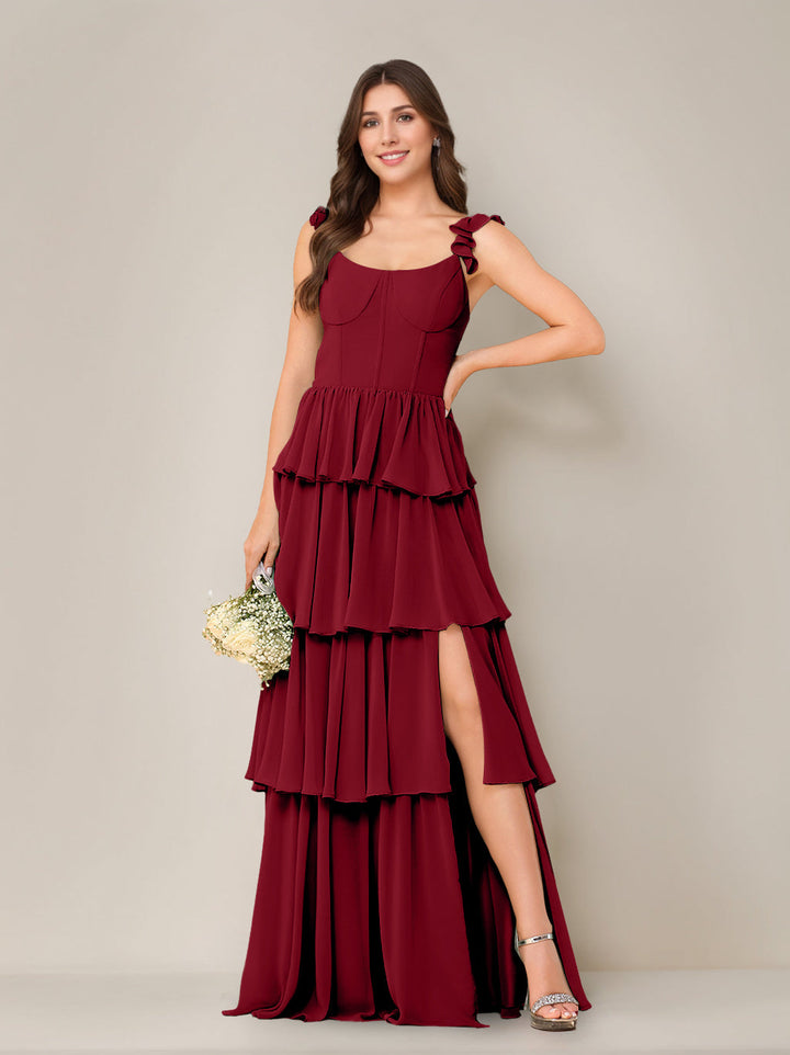 A-Line/Princess Scoop Neck Sleeveless Floor-Length Bridesmaid Dress with Ruffles & Split Side