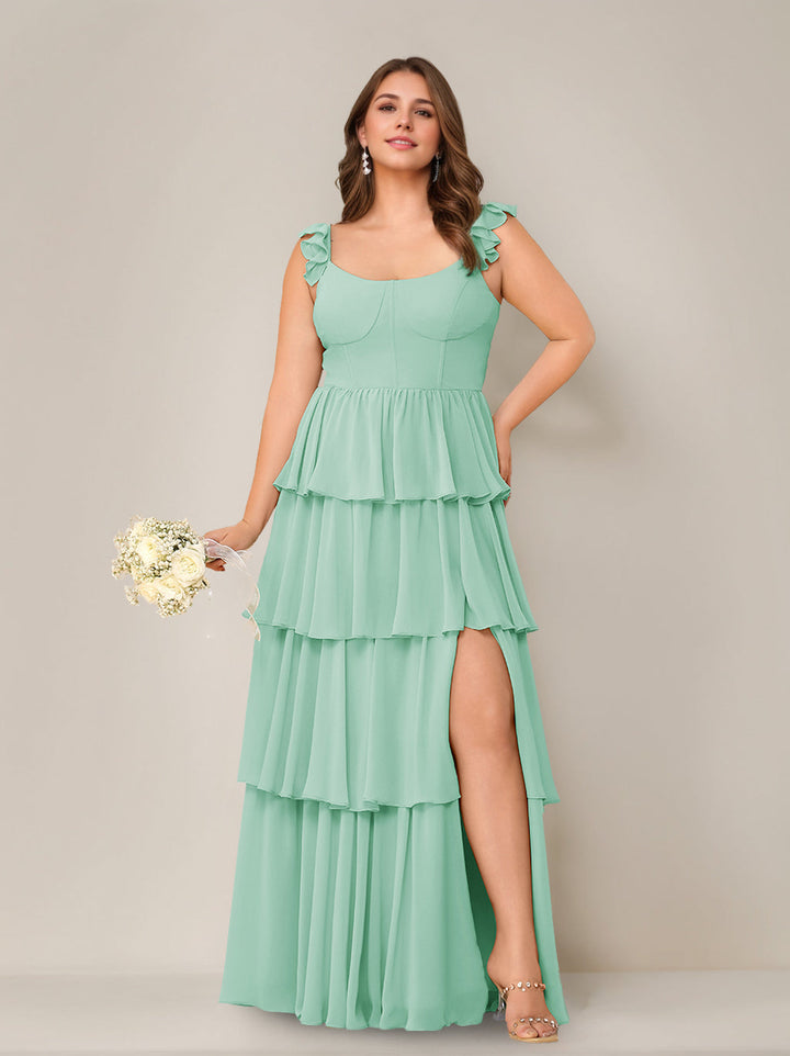 A-Line/Princess Scoop Neck Sleeveless Floor-Length Plus Size Bridesmaid Dress with Ruffles & Split Side