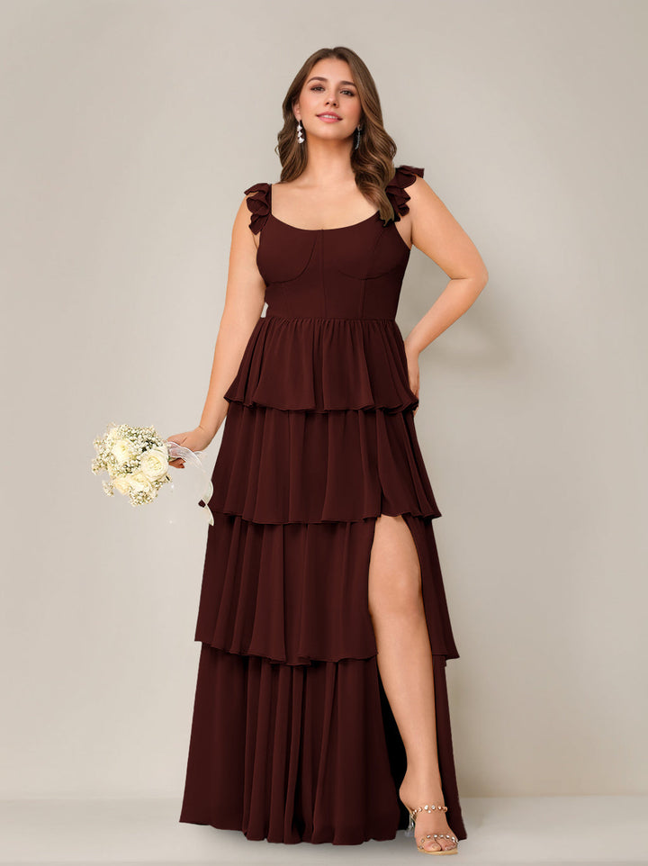 A-Line/Princess Scoop Neck Sleeveless Floor-Length Plus Size Bridesmaid Dress with Ruffles & Split Side