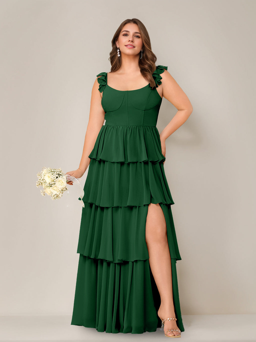 A-Line/Princess Scoop Neck Sleeveless Floor-Length Plus Size Bridesmaid Dress with Ruffles & Split Side