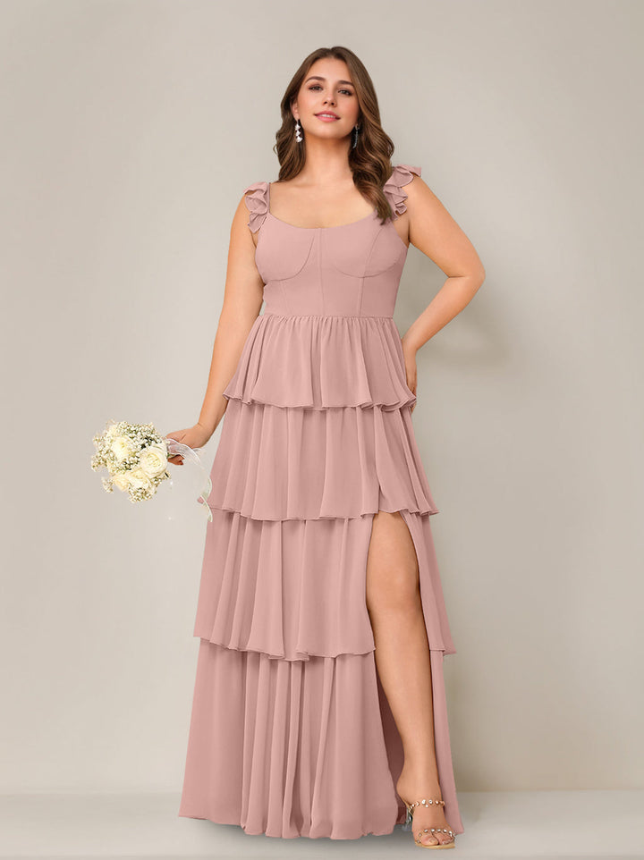A-Line/Princess Scoop Neck Sleeveless Floor-Length Plus Size Bridesmaid Dress with Ruffles & Split Side