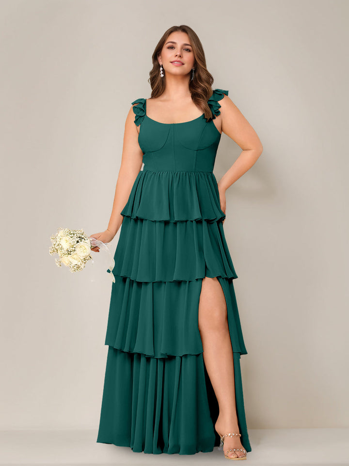 A-Line/Princess Scoop Neck Sleeveless Floor-Length Plus Size Bridesmaid Dress with Ruffles & Split Side