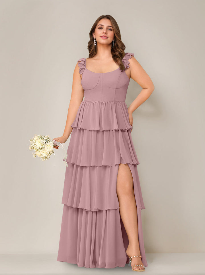 A-Line/Princess Scoop Neck Sleeveless Floor-Length Plus Size Bridesmaid Dress with Ruffles & Split Side